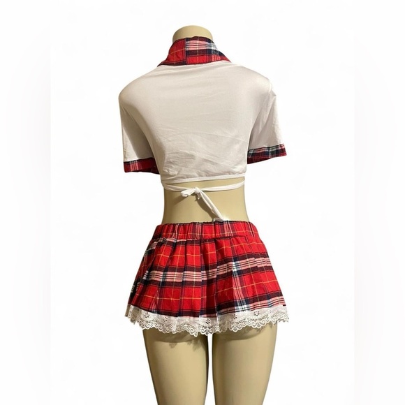 Plaid Red Mini Skirt with Lace Trim - Picture 2 of 2